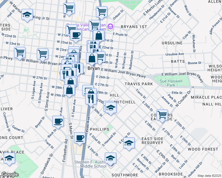 map of restaurants, bars, coffee shops, grocery stores, and more near 607 East 27th Street in Bryan