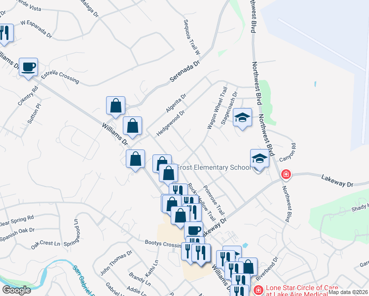 map of restaurants, bars, coffee shops, grocery stores, and more near 111 Verna Spur in Georgetown
