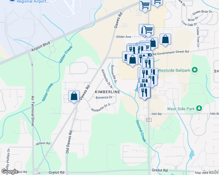 map of restaurants, bars, coffee shops, grocery stores, and more near 8051 Kimberlin Court in Mobile