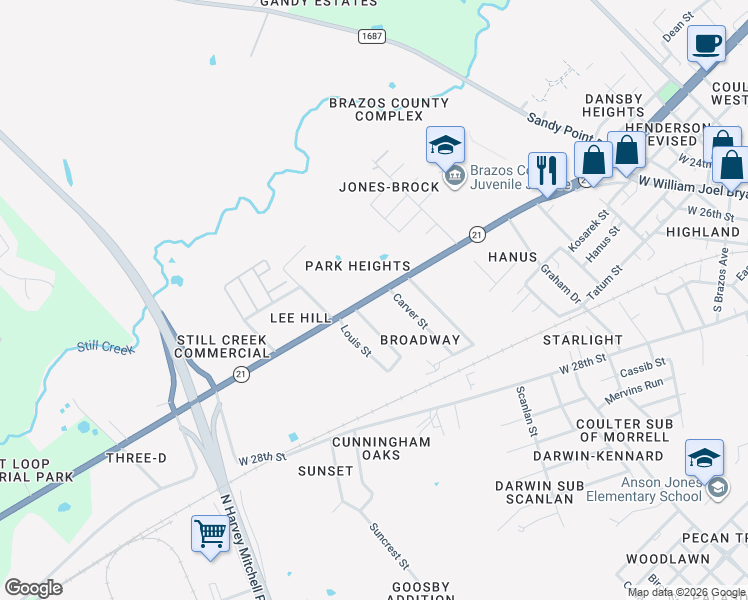 map of restaurants, bars, coffee shops, grocery stores, and more near 1603 Carver Street in Bryan