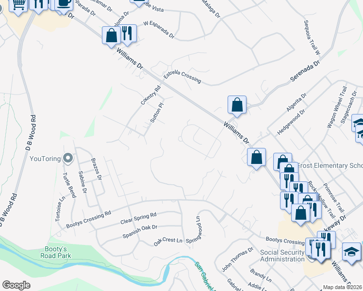 map of restaurants, bars, coffee shops, grocery stores, and more near 260 Axis Loop in Georgetown