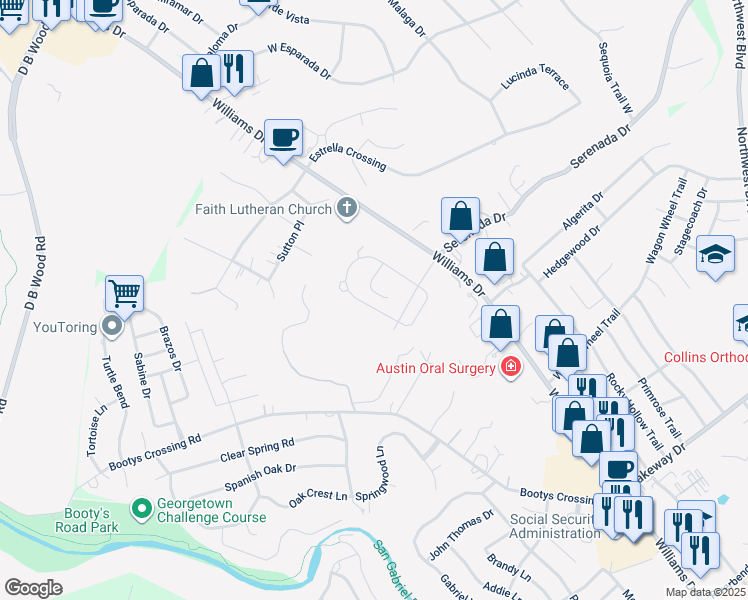 map of restaurants, bars, coffee shops, grocery stores, and more near 241 Axis Loop in Georgetown