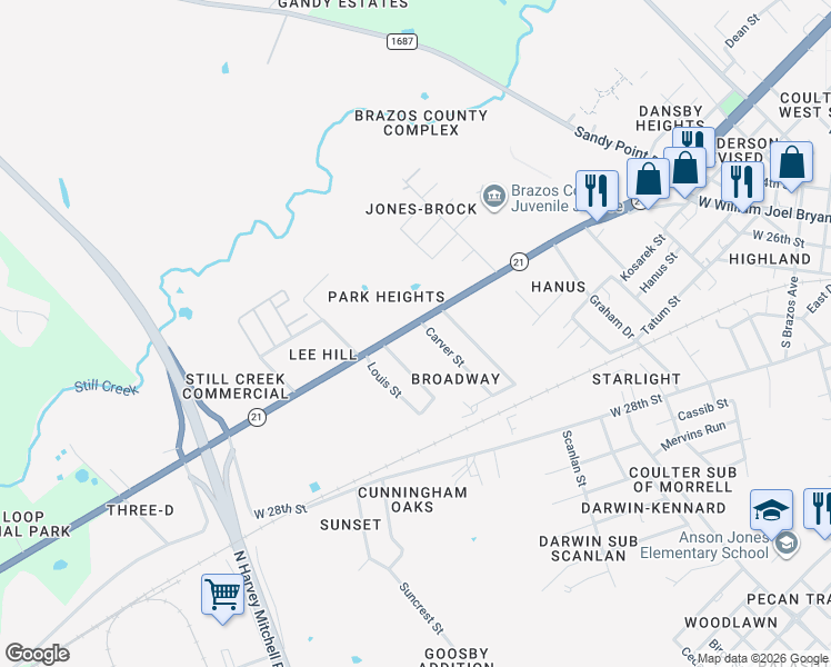 map of restaurants, bars, coffee shops, grocery stores, and more near 1603 Carver Street in Bryan