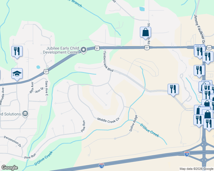 map of restaurants, bars, coffee shops, grocery stores, and more near 9081 Pine Run in Spanish Fort