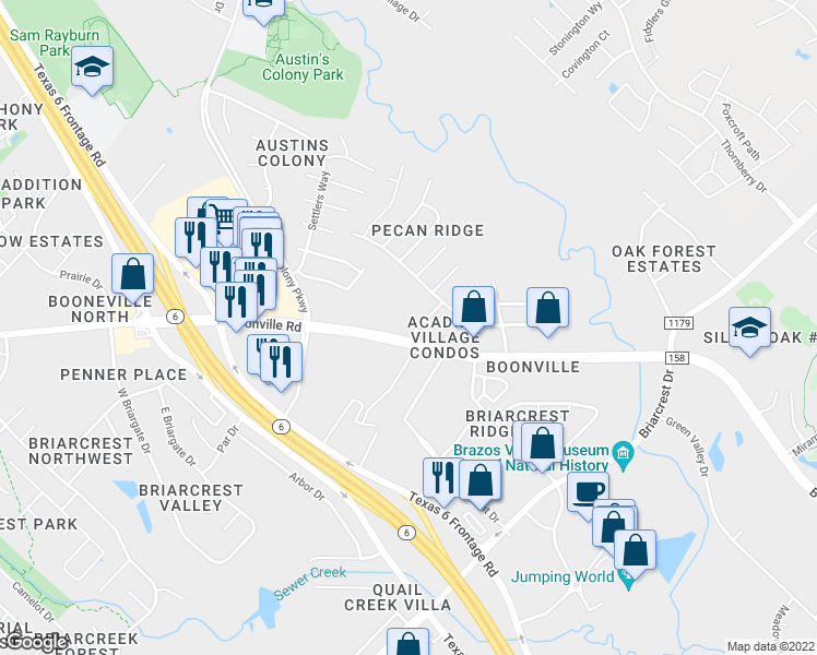 map of restaurants, bars, coffee shops, grocery stores, and more near 3503 Curtis Street in Bryan