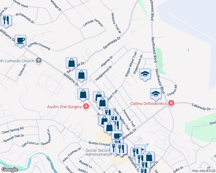 map of restaurants, bars, coffee shops, grocery stores, and more near 111 Verna Spur in Georgetown