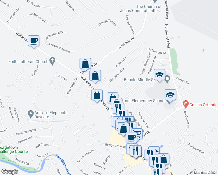 map of restaurants, bars, coffee shops, grocery stores, and more near 3705 Rocky Hollow Trail in Georgetown