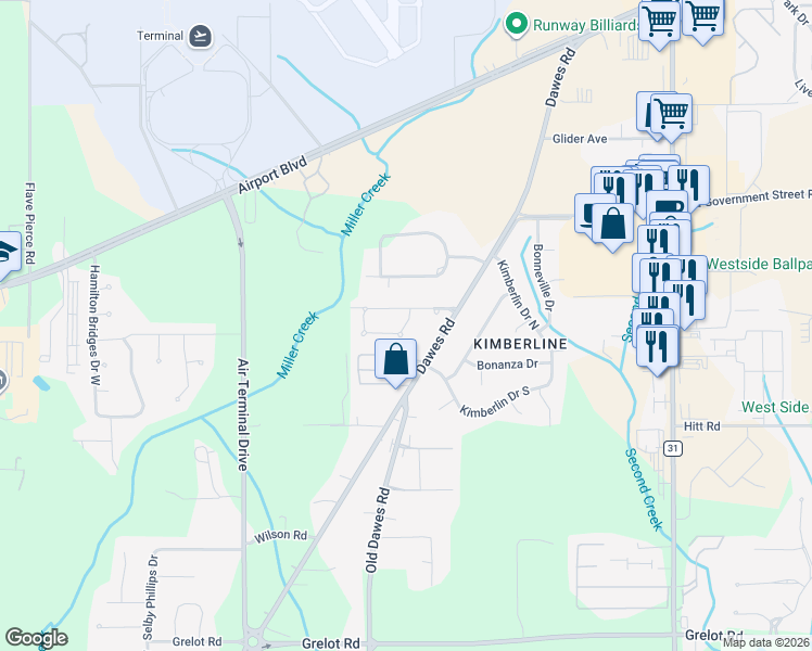 map of restaurants, bars, coffee shops, grocery stores, and more near 901e Magnolia Village Drive East in Mobile