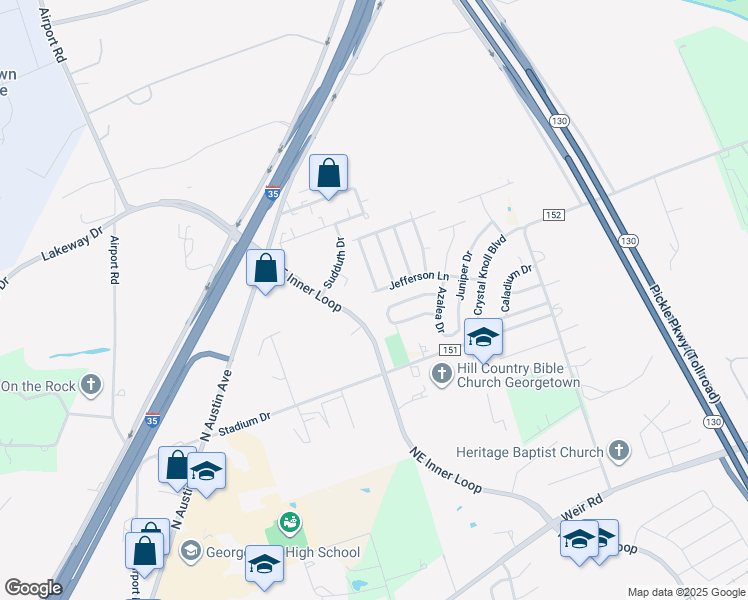 map of restaurants, bars, coffee shops, grocery stores, and more near 500 Jefferson Ln in Georgetown