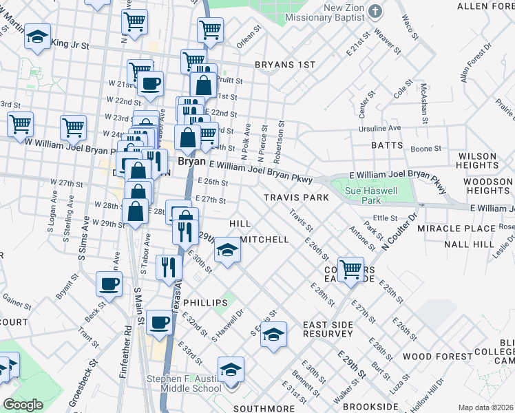 map of restaurants, bars, coffee shops, grocery stores, and more near 712 East 27th Street in Bryan