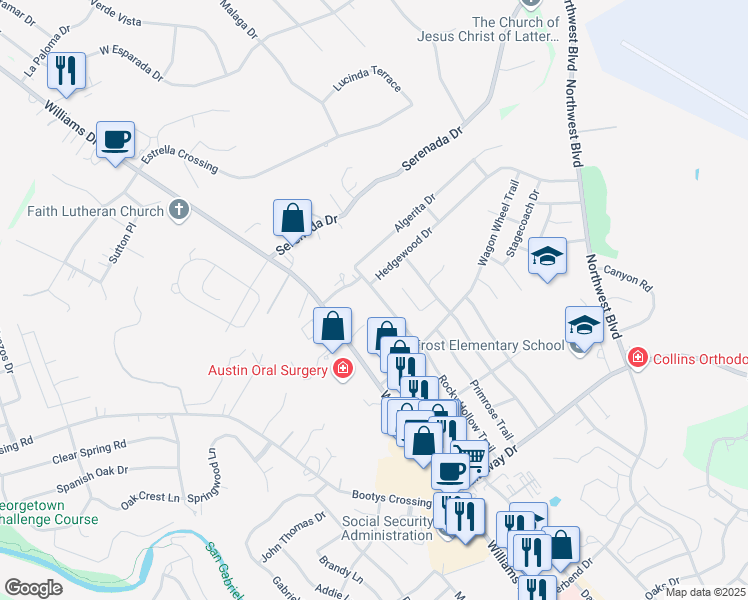 map of restaurants, bars, coffee shops, grocery stores, and more near 3706 Rocky Hollow Trail in Georgetown