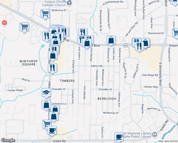 map of restaurants, bars, coffee shops, grocery stores, and more near 860 Wesley Ave in Mobile