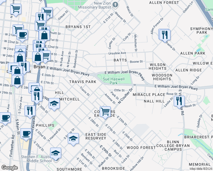 map of restaurants, bars, coffee shops, grocery stores, and more near 1201 East William Joel Bryan Parkway in Bryan
