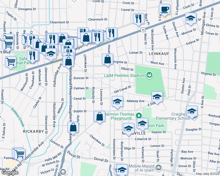 map of restaurants, bars, coffee shops, grocery stores, and more near Houston Street in Mobile