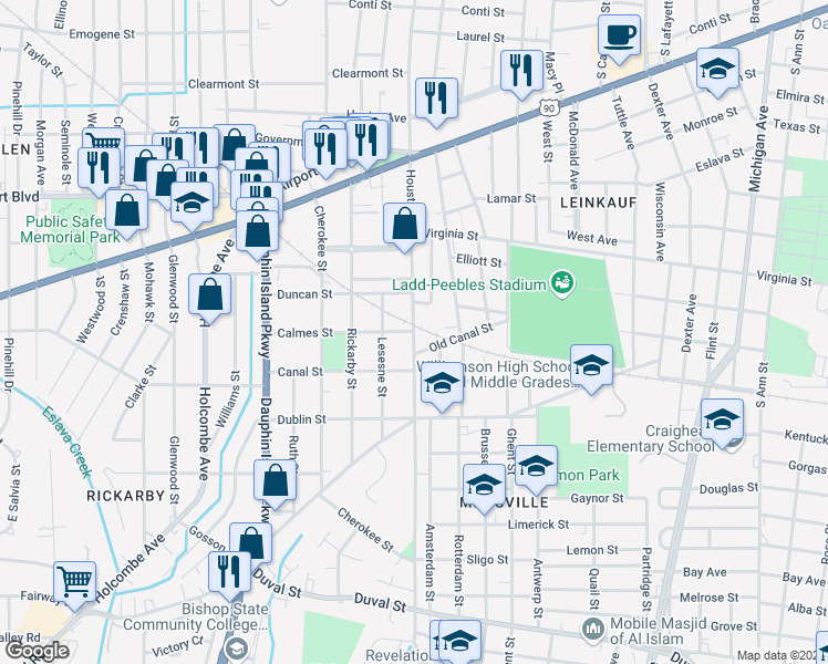 map of restaurants, bars, coffee shops, grocery stores, and more near Houston Street in Mobile