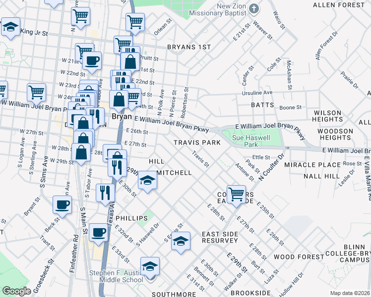 map of restaurants, bars, coffee shops, grocery stores, and more near 1512 N Baker Ave in Bryan