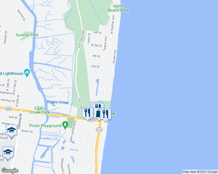 map of restaurants, bars, coffee shops, grocery stores, and more near 425 Ocean Avenue in Fernandina Beach