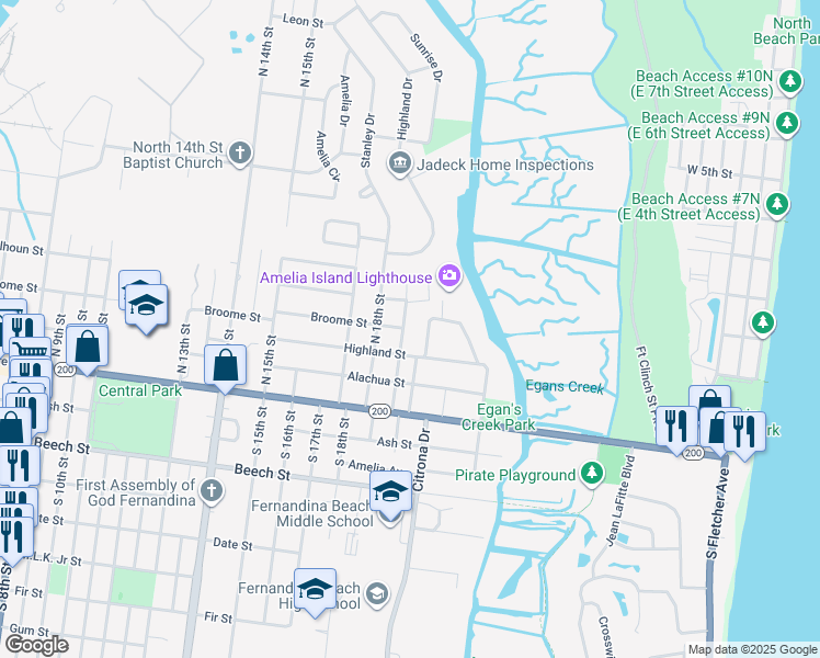map of restaurants, bars, coffee shops, grocery stores, and more near 154 North 19th Street in Fernandina Beach