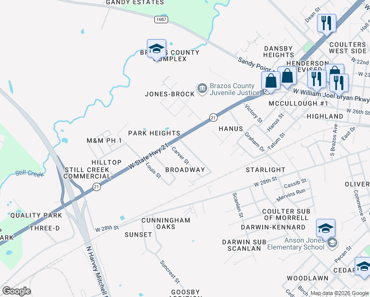 map of restaurants, bars, coffee shops, grocery stores, and more near 1507 Rochester Street in Bryan