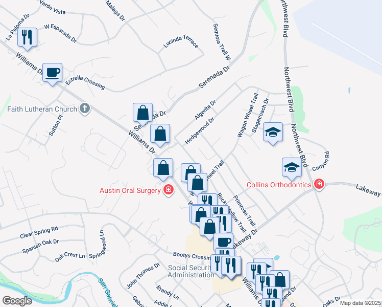 map of restaurants, bars, coffee shops, grocery stores, and more near 3705 Rocky Hollow Trail in Georgetown