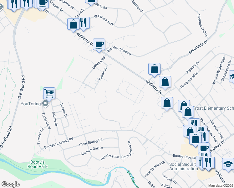 map of restaurants, bars, coffee shops, grocery stores, and more near 260 Axis Loop in Georgetown