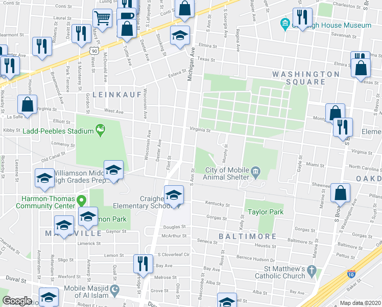 map of restaurants, bars, coffee shops, grocery stores, and more near 556 South Ann Street in Mobile