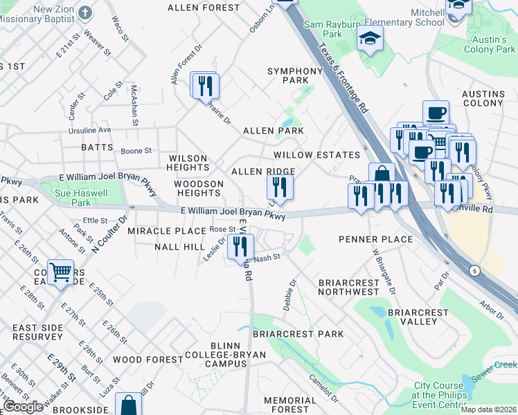 map of restaurants, bars, coffee shops, grocery stores, and more near 1819 San Antonio Street in Bryan