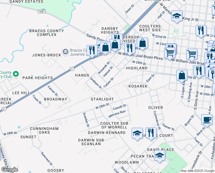 map of restaurants, bars, coffee shops, grocery stores, and more near 405 Tatum Street in Bryan