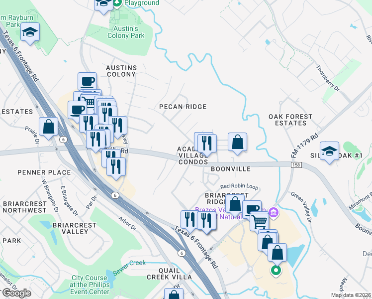 map of restaurants, bars, coffee shops, grocery stores, and more near 3504 Curtis Street in Bryan