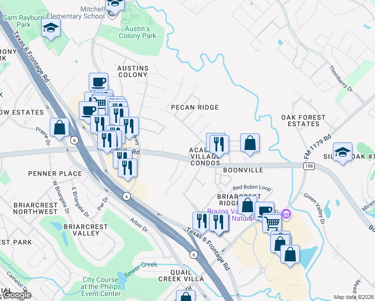 map of restaurants, bars, coffee shops, grocery stores, and more near 3504 Curtis Street in Bryan