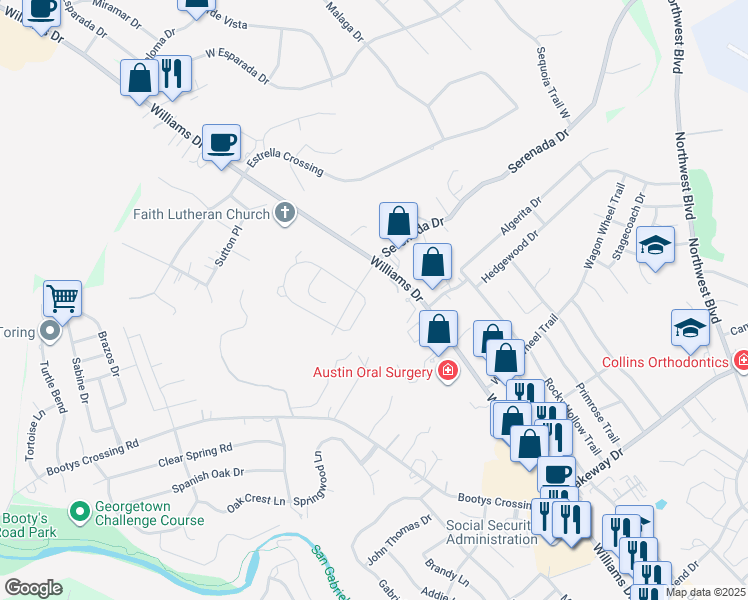 map of restaurants, bars, coffee shops, grocery stores, and more near 332 Axis Loop in Georgetown