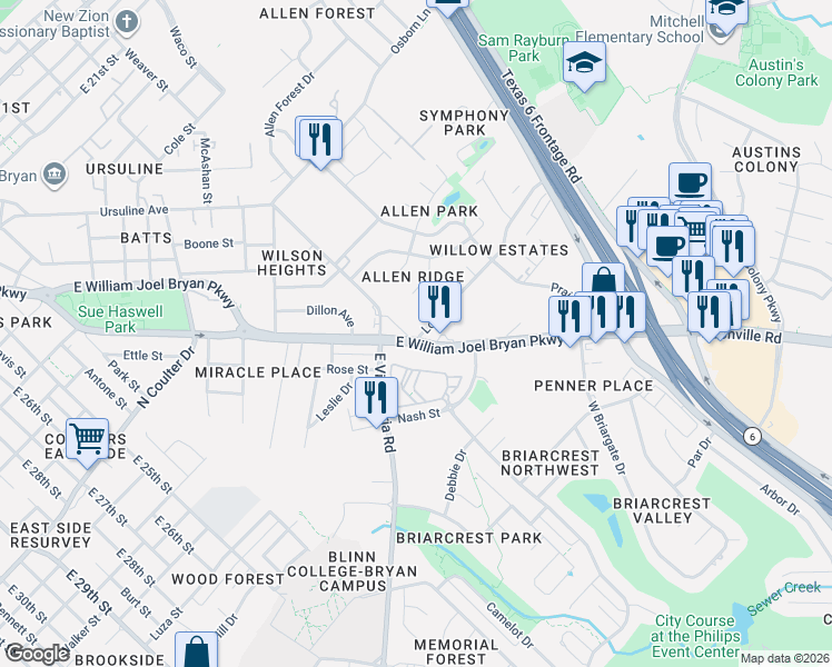 map of restaurants, bars, coffee shops, grocery stores, and more near 1819 San Antonio Street in Bryan