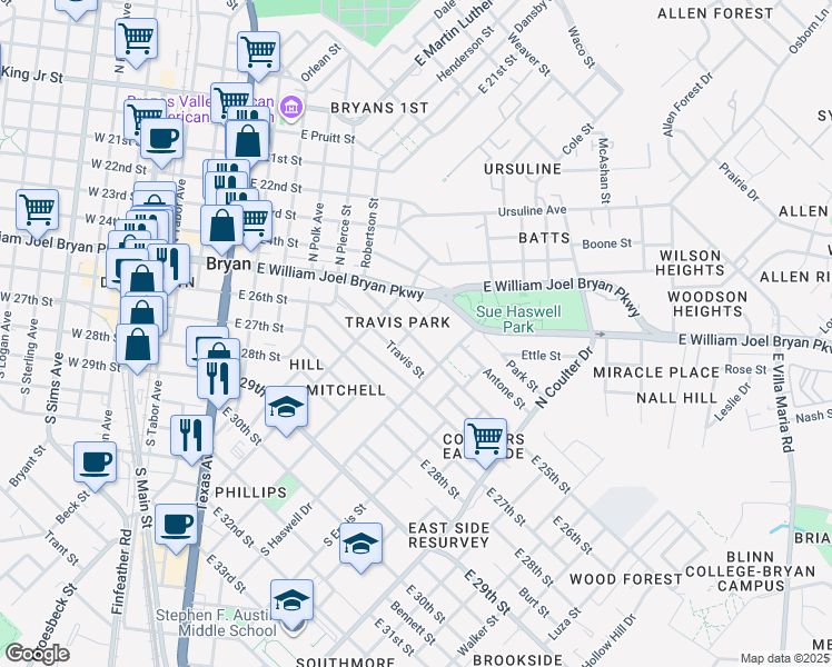 map of restaurants, bars, coffee shops, grocery stores, and more near 1100 East 25th Street in Bryan