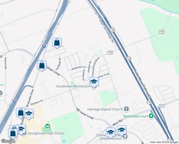 map of restaurants, bars, coffee shops, grocery stores, and more near 220 Juniper Drive in Georgetown