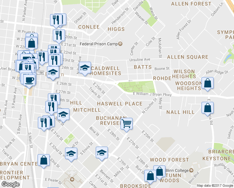 map of restaurants, bars, coffee shops, grocery stores, and more near 310 North Haswell Drive in Bryan