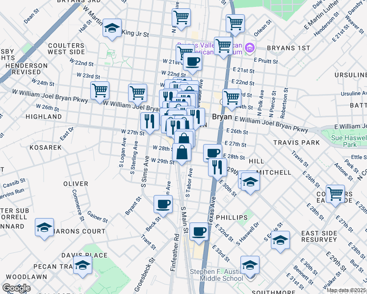 map of restaurants, bars, coffee shops, grocery stores, and more near 223 South Main Street in Bryan