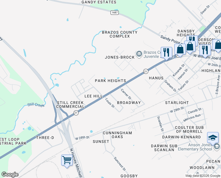 map of restaurants, bars, coffee shops, grocery stores, and more near 2312 West State Highway 21 in Bryan