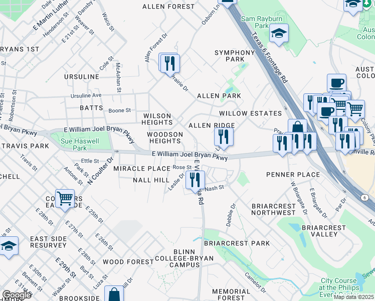 map of restaurants, bars, coffee shops, grocery stores, and more near 1732 Dillon Avenue in Bryan