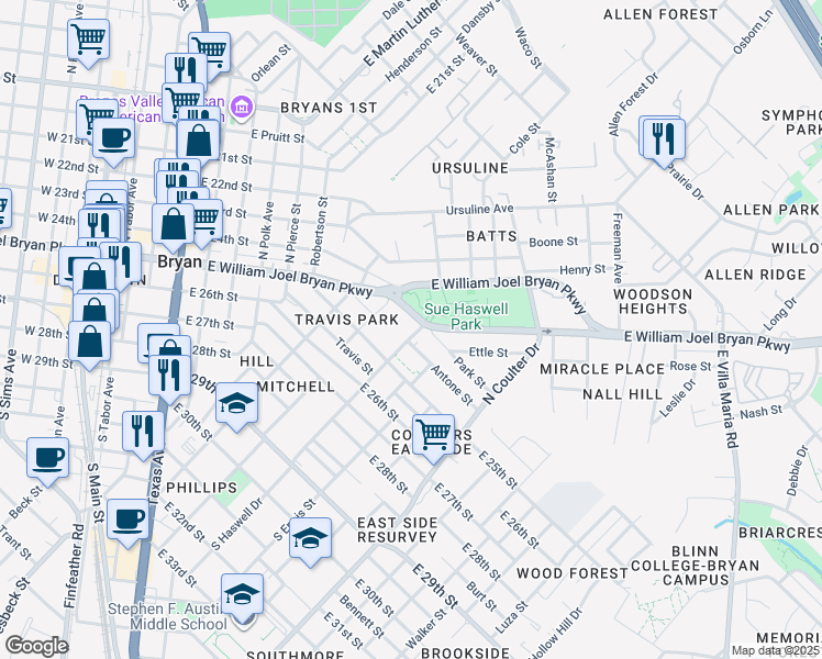map of restaurants, bars, coffee shops, grocery stores, and more near 310 North Haswell Drive in Bryan