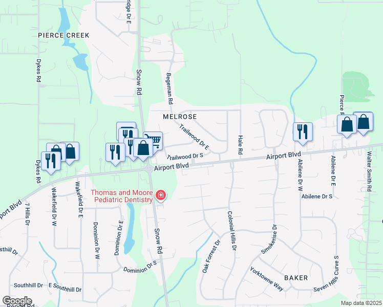map of restaurants, bars, coffee shops, grocery stores, and more near 9730 Trailwood Drive South in Mobile