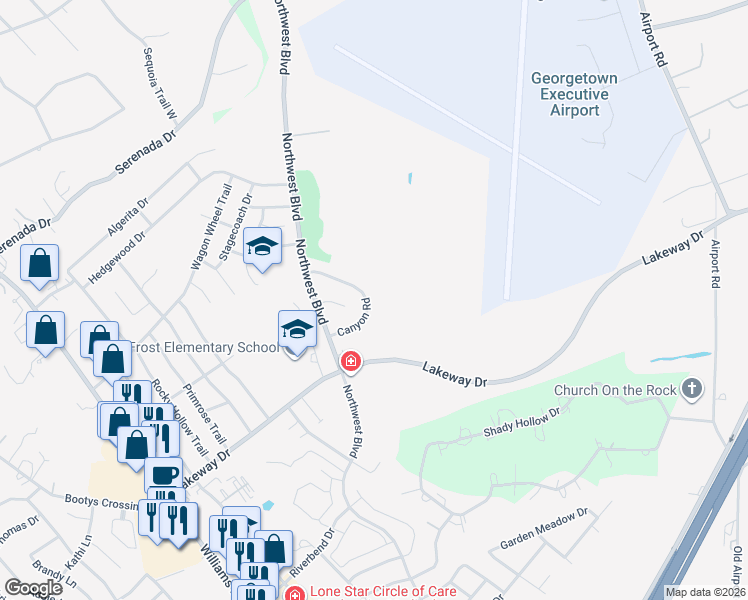 map of restaurants, bars, coffee shops, grocery stores, and more near 120 Canyon Road in Georgetown