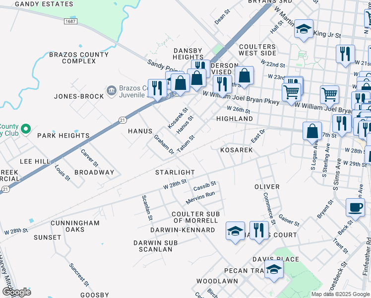 map of restaurants, bars, coffee shops, grocery stores, and more near 405 Tatum Street in Bryan