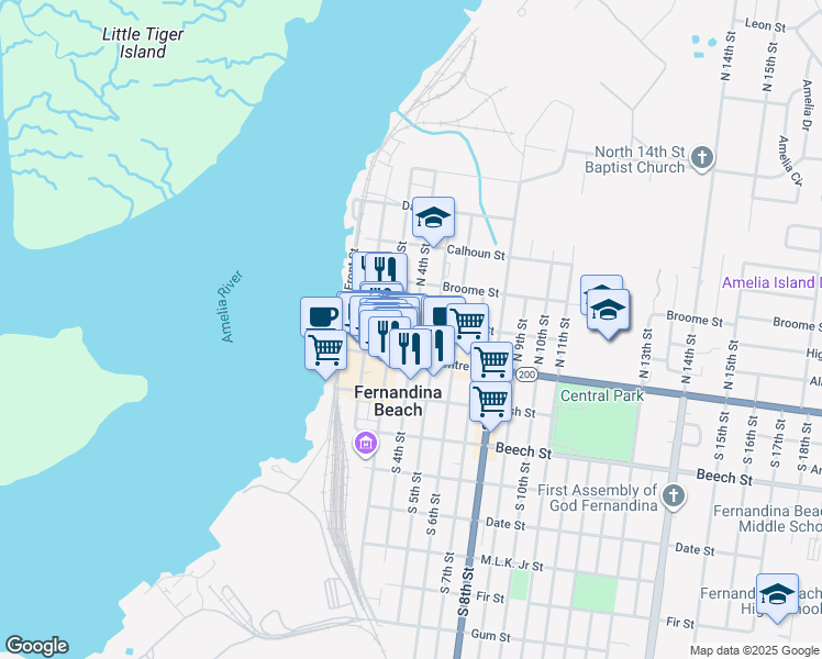 map of restaurants, bars, coffee shops, grocery stores, and more near 25w North 4th Street in Fernandina Beach
