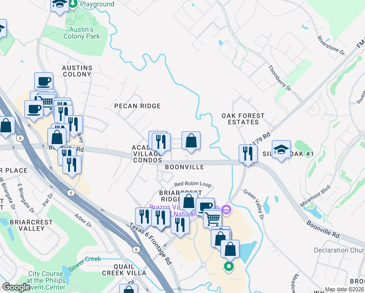 map of restaurants, bars, coffee shops, grocery stores, and more near 2613 Pecan Ridge Drive in Bryan