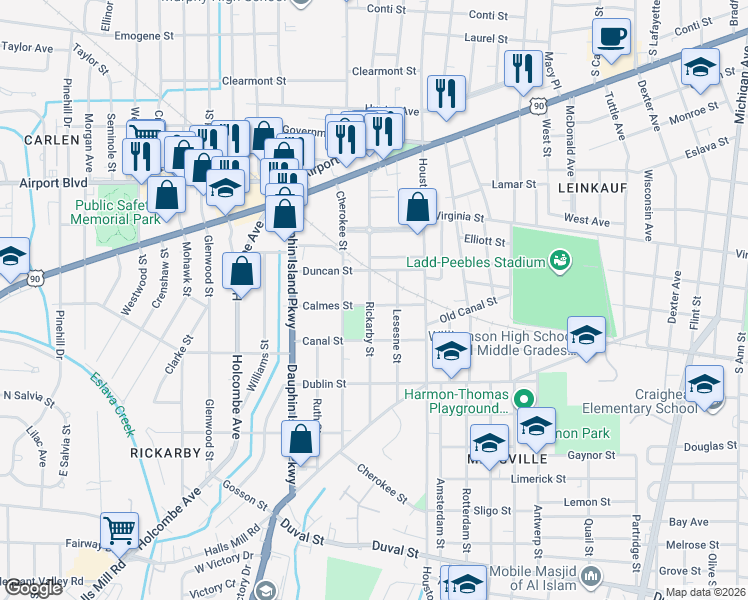 map of restaurants, bars, coffee shops, grocery stores, and more near 1852 Calmes Street in Mobile