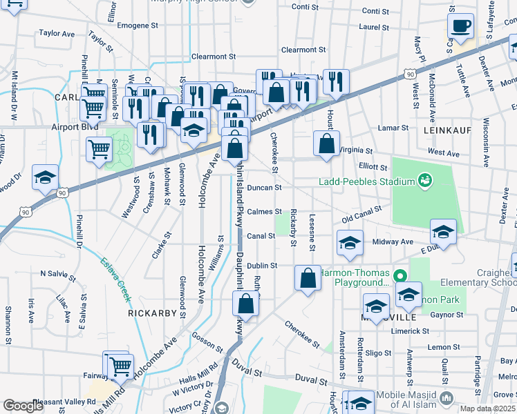 map of restaurants, bars, coffee shops, grocery stores, and more near 1960 Calmes Street in Mobile