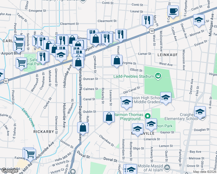 map of restaurants, bars, coffee shops, grocery stores, and more near 1852 Calmes Street in Mobile