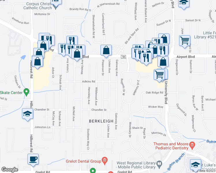 map of restaurants, bars, coffee shops, grocery stores, and more near 856 Linlen Avenue in Mobile