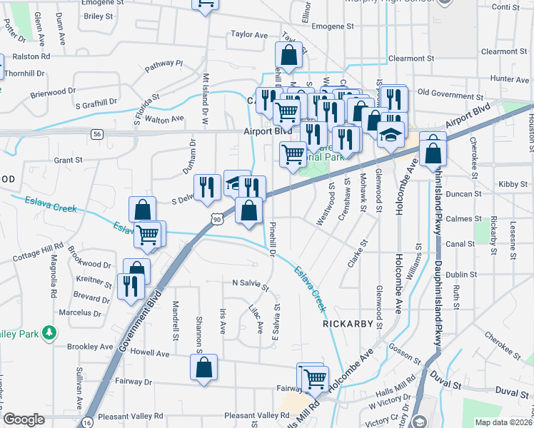 map of restaurants, bars, coffee shops, grocery stores, and more near 2461 Government St in Mobile