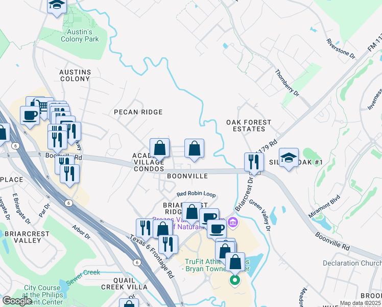 map of restaurants, bars, coffee shops, grocery stores, and more near 2613 Pecan Ridge Drive in Bryan